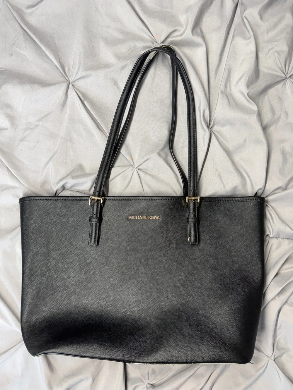 Michael Kors Black Leather Double-Handle Tote with Gold Hardware - 4.5x10x15